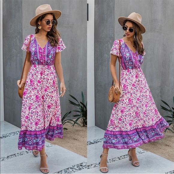 Dresses & Skirts - Girly Pink Boho Floral Gypsy Print Maxi Dress